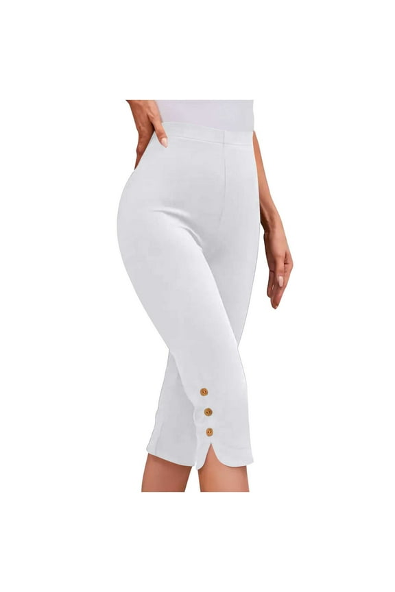 Pull On Leggings Capri Pants Womens Soft Spandex High Waist Stretch Capris Buttons Decor Cropped Pants (XL, White)