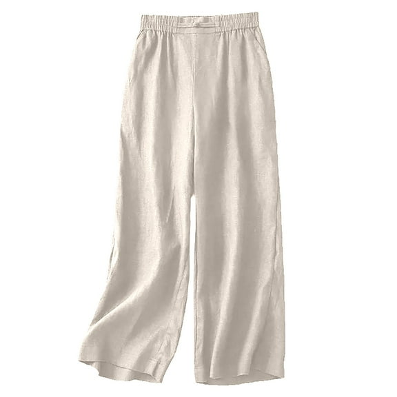 Pull On Trousers for Women 2025 Solid Casual Cotton Linen Pants Cozy Loose Straight Wide Leg Pants for Spring Summer