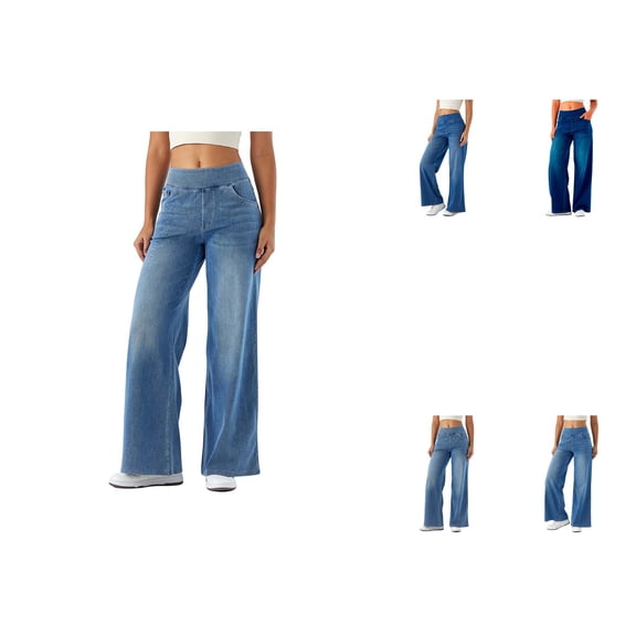 Pull On Wide Leg Jeans For Women High Waisted Stretchy Baggy Straight Leg Jeans Denim Pants
