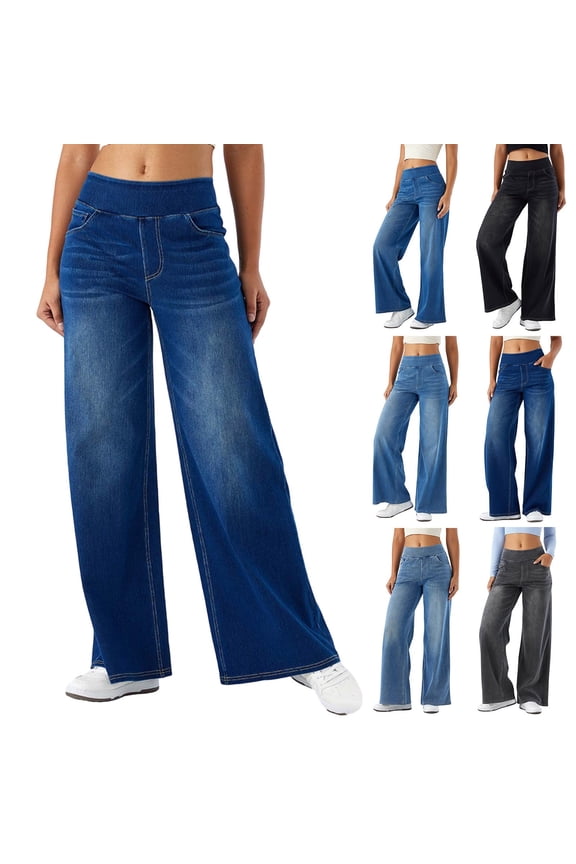 Pull On Wide Leg Jeans for Women Comfortable Beach Travel Vacation Sports Pants High Waisted Stretchy Baggy Trendy Straight Leg Jeans Denim Pants
