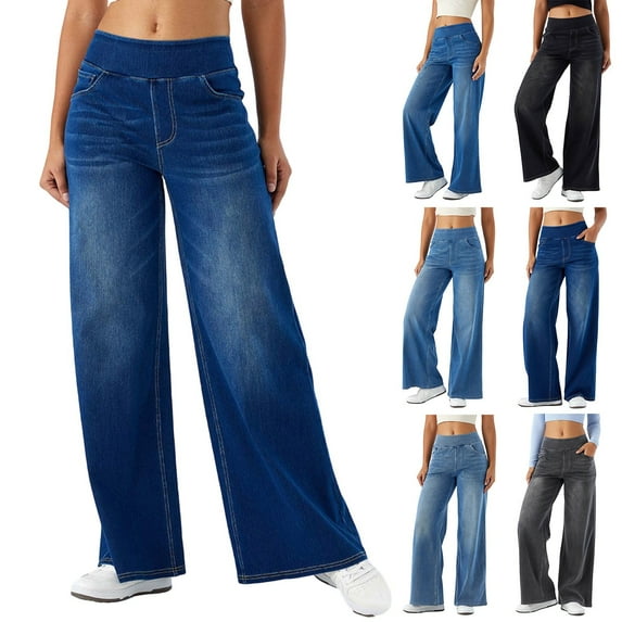 Pull on Wide Leg Jeans for Women High Waisted Stretchy Baggy Trendy Straight Baggy Jeans Casual Summer Straight Casual Denim Pants