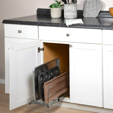 Pull Out Organizer for Bakeware, Cutting Board and Trays, Adjustable Dividers - Heavy Duty,  Limited Warranty - For Narrow Cabinet Spaces, 8.5”W x 21”D x 11”H, Chrome