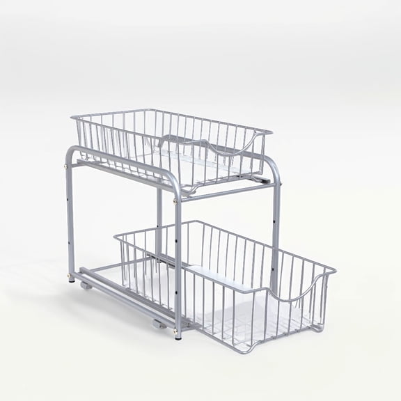 Pull Out, 2-Tier Sliding, Stackable Under Sink Cabinet Organizer, Storage Basket, Silver