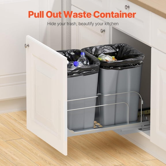Pull-Out  27 QT x2 Double Under Mount Kitchen Waste Container Heavy Duty Garbage Recycling Bin with Door Kit Soft Close Slide for Cabinet Sink
