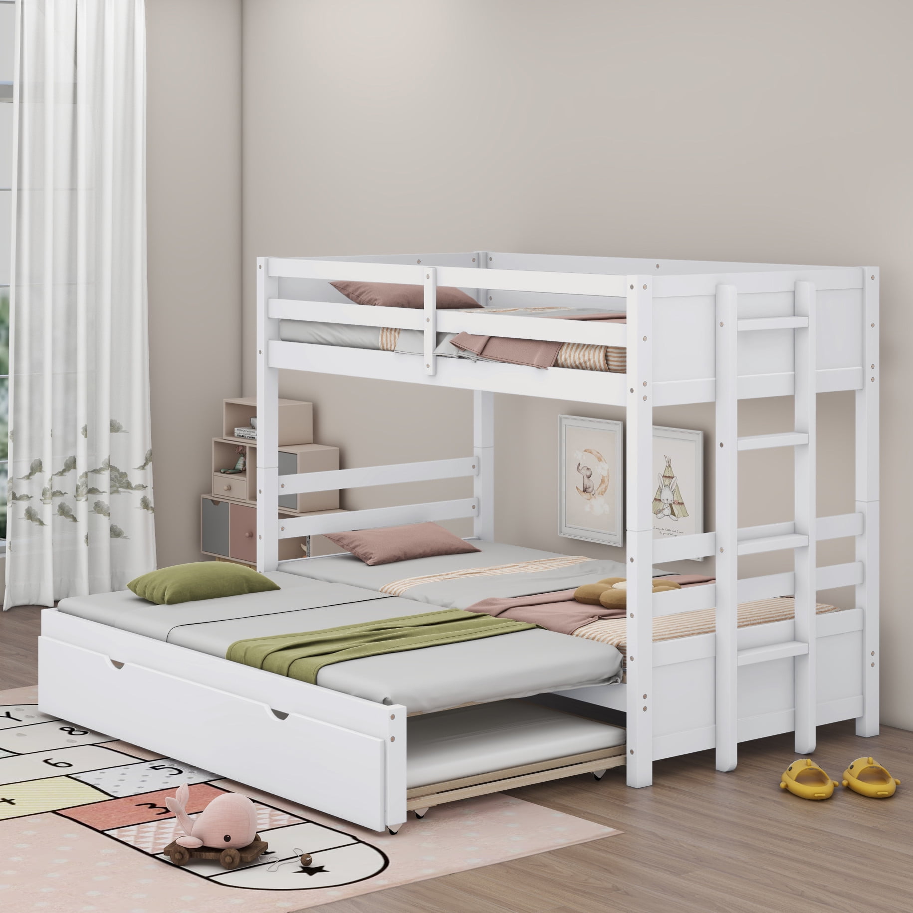 PullOut Bunk Bed with Trundle, Twin Over Full, Twin Over 2 Twins Bunk