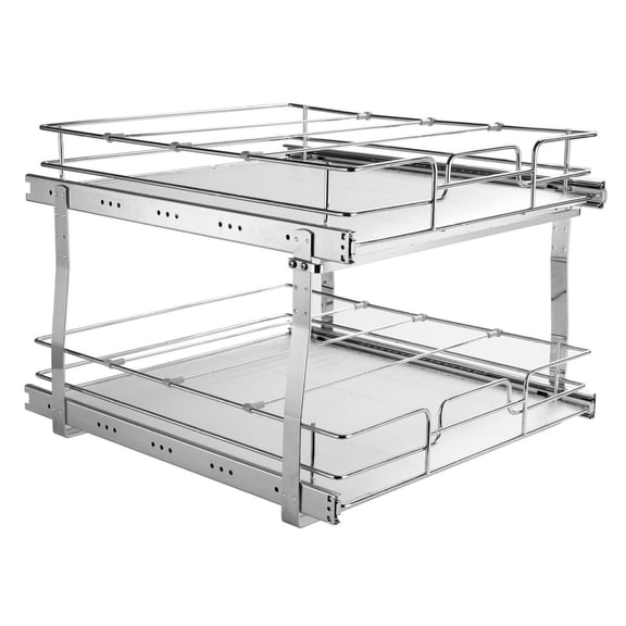 Pull Out Cabinet Organizer 17"W, 2-Tier Slide Out Pantry Shelves, Heavy Duty Steel Roll Out Drawers for Kitchen, Bathroom, Under Sink - Chrome Finish