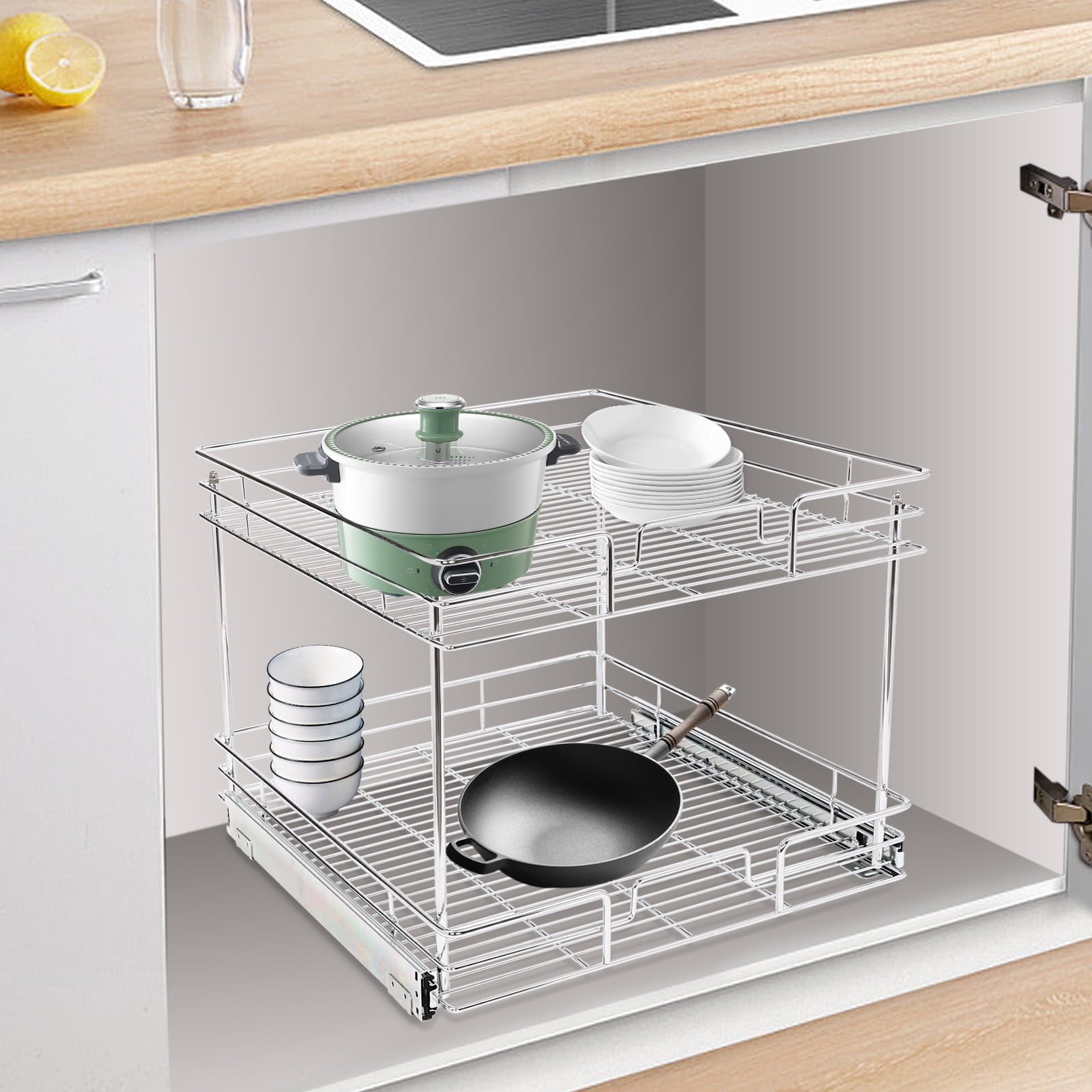 18x22 Inch Pull-Out Cabinet Shelf Organizer - Steel, Silver, 28.6lb Capacity, Easy Install