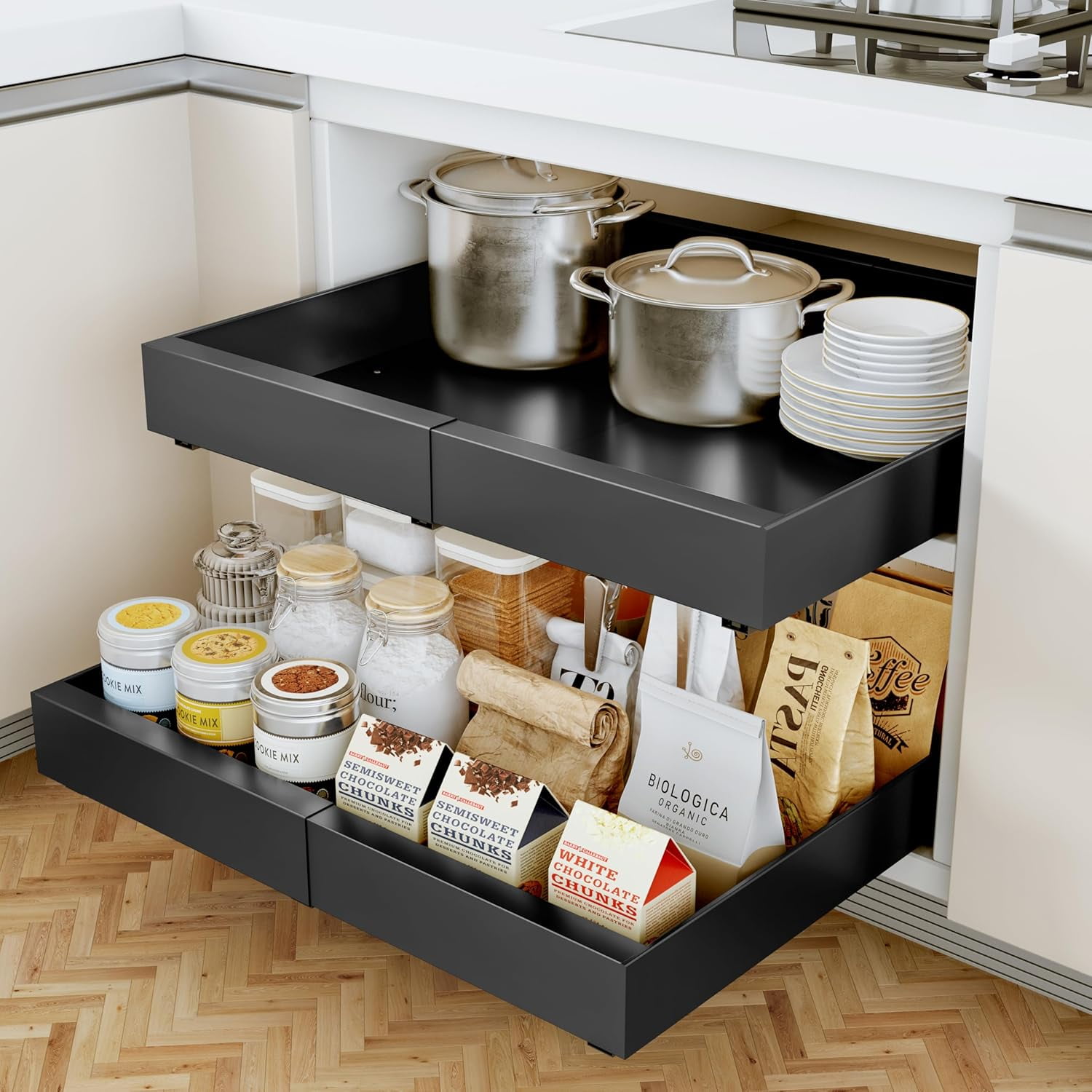Adjustable Pull Out Cabinet Drawer – No Screw, Peel & Stick, Expandable Organizer For Kitchen Pantry - View #4