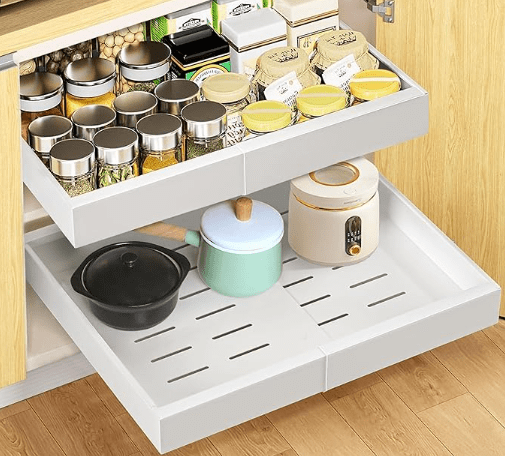 Pull Out Cabinet Organizer 2PC, 21" Deep Expandable Shelves (12-21") for Kitchen, Bathroom, Under Sink - Adhesive & Screw Installation