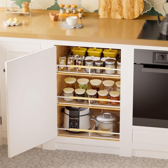 Pull Out Cabinet Organizer Expandable Slide Out Kitchen Storage Shelf Bottom Mounted for Home Pantry Closet