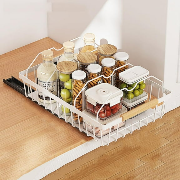 Pull-Out Cabinet Organizer - Multifunctional No-Drill Slide-Out Shelf, Storage Drawer for Kitchen, Bathroom, and Pantry - White, Upgraded 4-Card Design