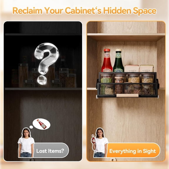 Pull Out Cabinet Organizer Recessed 2-Tier Drop Down Storage for High Deep Cabinets Black