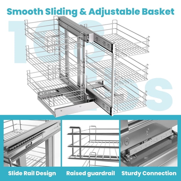 Pull Out Cabinet Organizer, Stainless Steel Dish Rack, Split Dual Side Slide Out Basket 6 Tier Storage Organizer for Standard Kitchen Base Cabinets