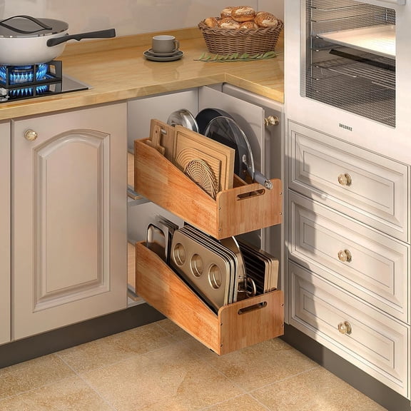 Pull Out Cabinet Organizer for Pans, Cookie Sheet, Bakeware, Cutting Board, Slide Out Kitchen Storage Rack, Oak Wood
