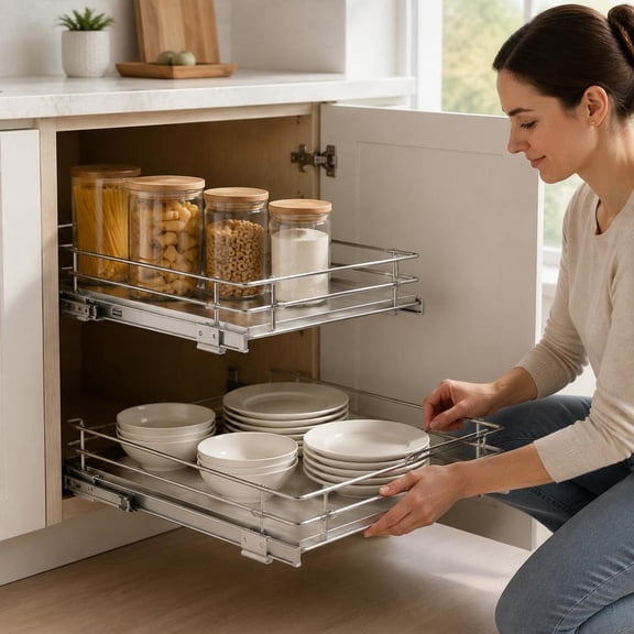 Pull Out Cabinet Organizer, heavy duty chrome steel slide out pantry shelf, roll out drawer storage for kitchen under sink, 12.5X16.5X3.5 Inch