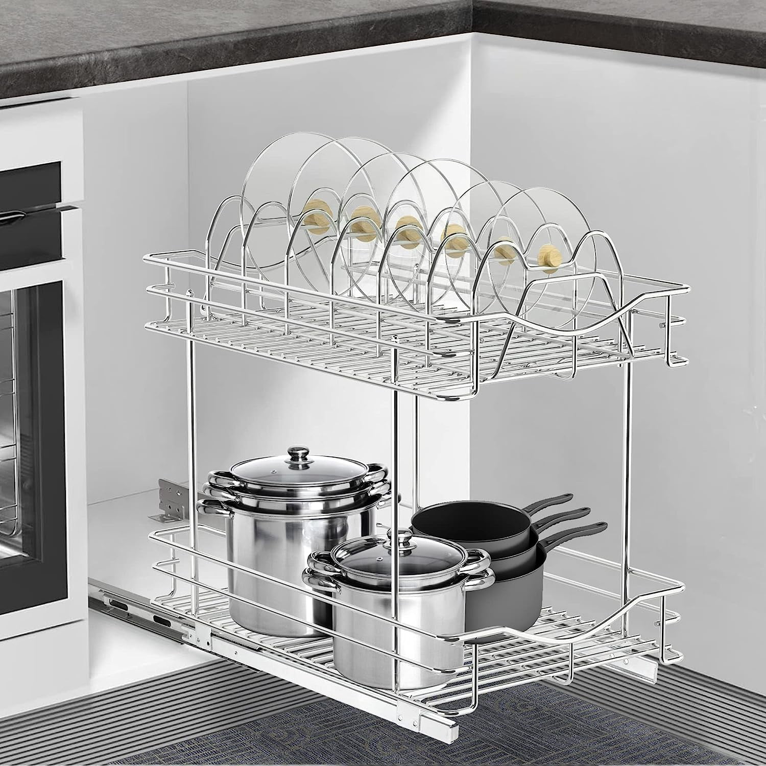 One Metal Pots & Pans Pullout Organizer Tray For 12 Kitchen Cabinet  Opening