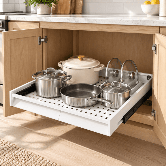 Pull Out Cabinet Shelf, Sliding Pots and Pans Organizer for Deep Kitchen Cabinets, Cookware Storage Rack and Pantry Drawer Organizer