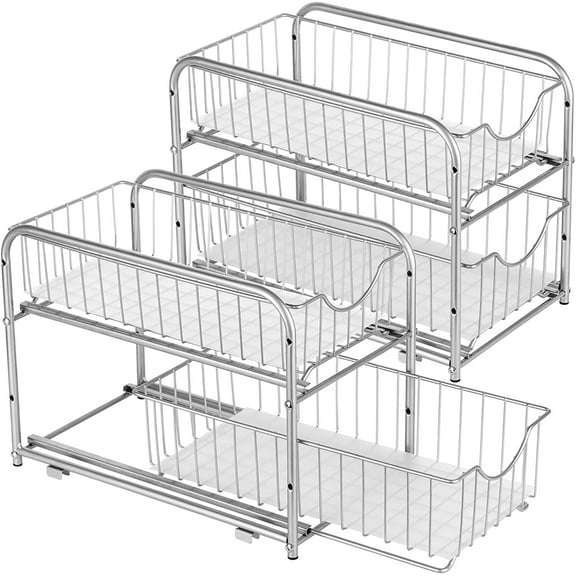 Pull-Out Cabinet Storage Cabinet Suitable for Kitchen Bathroom Stackable 2-Story Under-Sink Cabinet Storage Shelf Silver