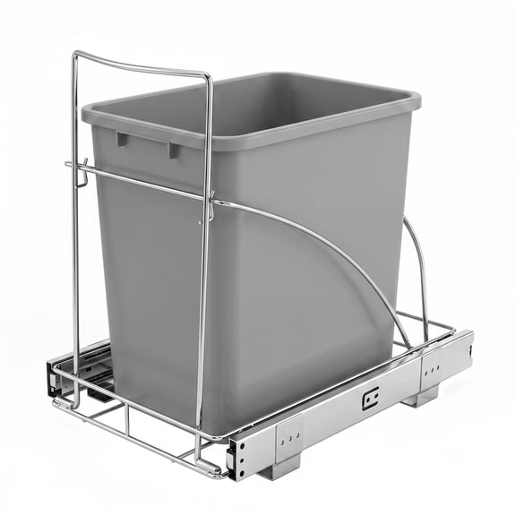 Pull-Out Cabinet Trash Can Organizer, Fits Up to 15.4" Cabinet Opening, Heavy-Duty Silver Metal Frame, Sliding Trash Bin Holder with Rails, Under Sink Kitchen Storage Rack, Bin Not Included