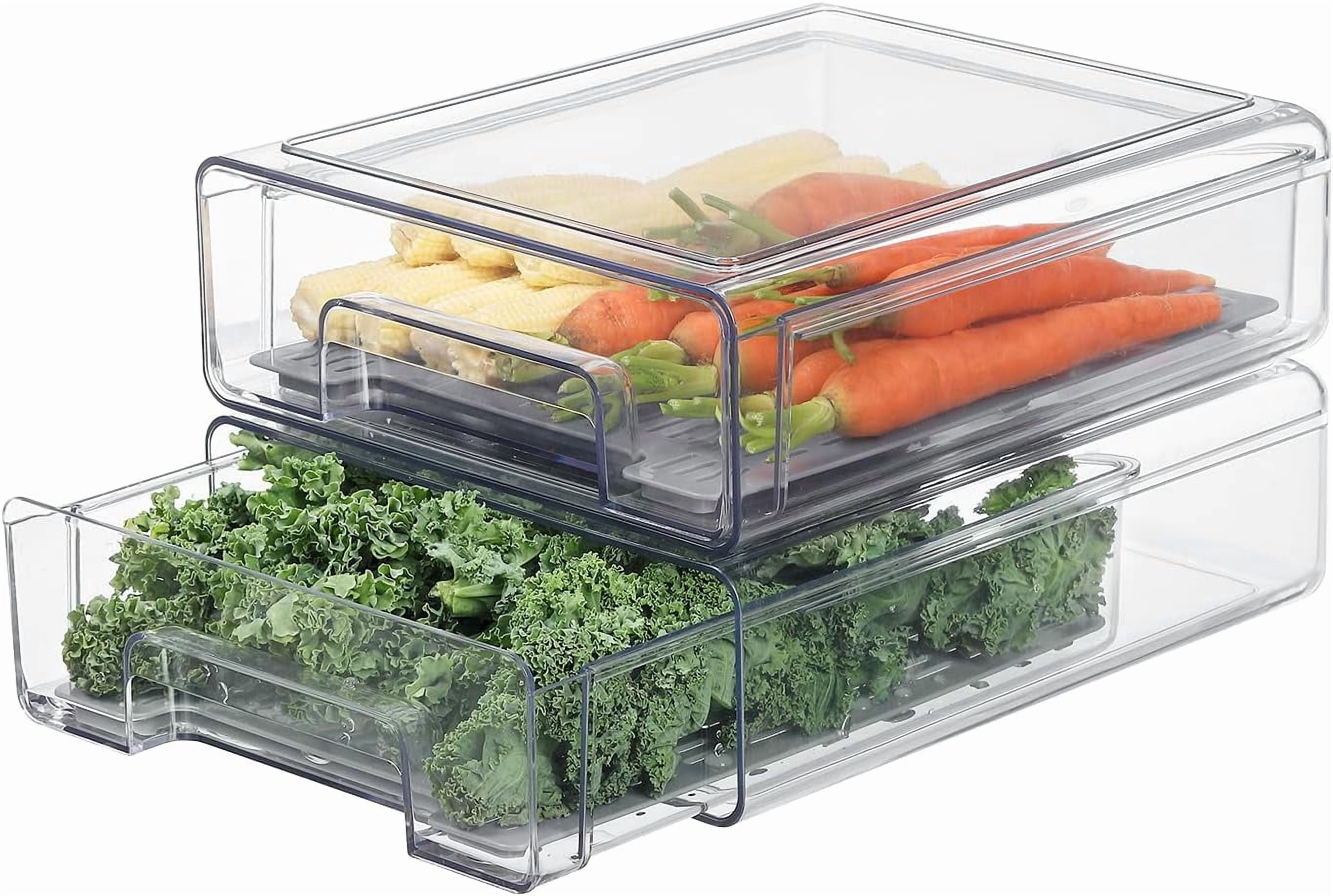 Pull Out Clear Fridge Organizer Drawers with Drainer, Refrigerator Stackable Storage Bins for Kitchen Fruit & Veggie Organization (2PCS, Medium)