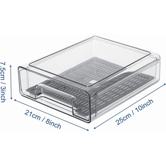 Pull Out Clear Fridge Organizer Drawers with Drainer, Refrigerator Stackable Storage Bins for Kitchen Fruit & Veggie Organization (2PCS, Medium)