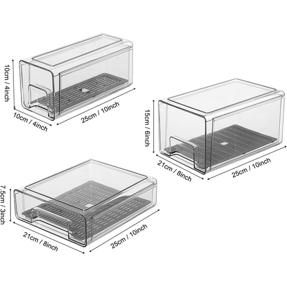 Pull Out Clear Fridge Organizer Drawers with Drainer, Refrigerator Stackable Storage Bins for Kitchen Fruit & Veggie Organization (Complete Set)