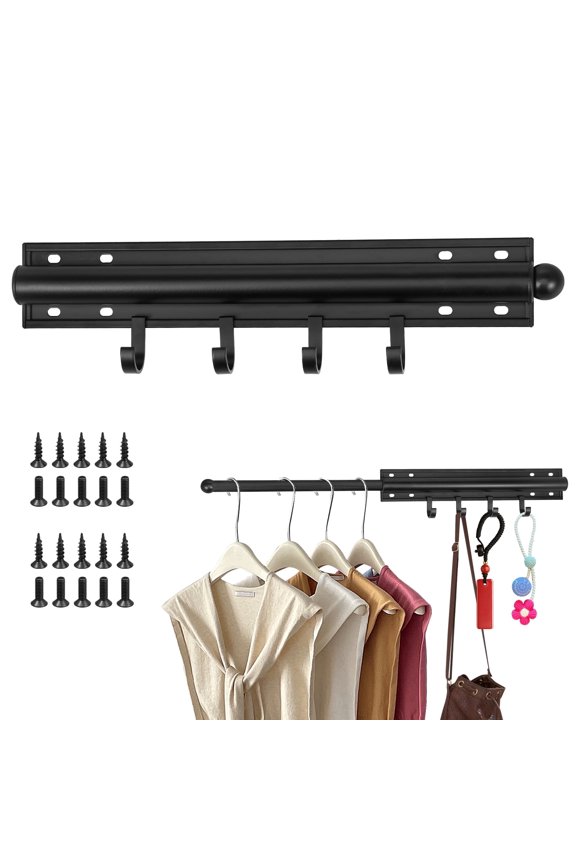 Pull Out Closet Valet Rod Aluminum Slide Hanger Rail Hooks Space Saving Organizer (black )