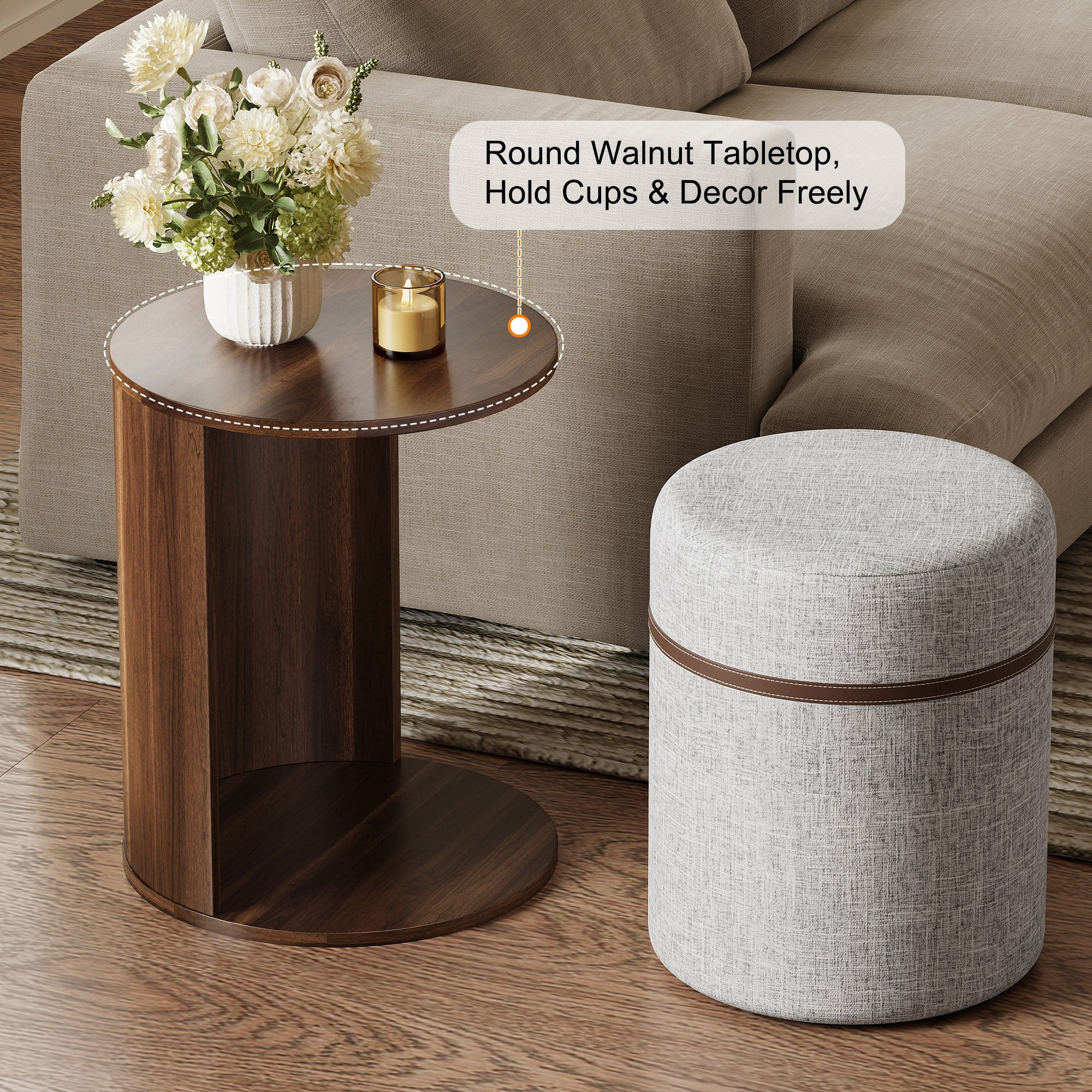 Pull Out Combo End Table 14.96 Inch, Round Side Table with Detachable Stool for Living Room Bedroom, Brown