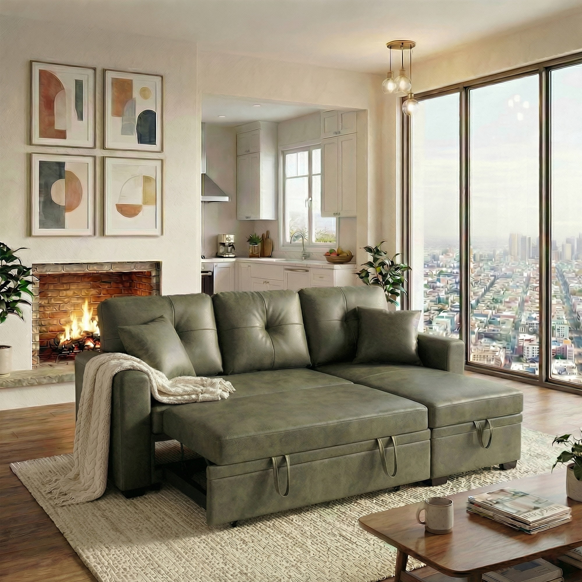 Pull-Out Convertible PU Leather Sectional Sofa Set with Reversible Chaise Lounge, Sleeper Loveseat Couch with Hidden Storage