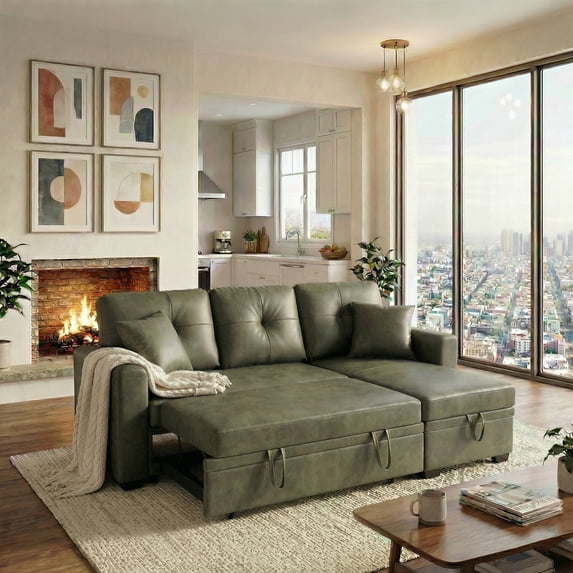 Pull-Out Convertible PU Leather Sectional Sofa Set with Reversible Chaise Lounge, Sleeper Loveseat Couch with Hidden Storage