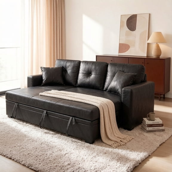 Pull-Out Convertible PU Leather Sectional Sofa Set with Reversible Chaise Lounge, Sleeper Loveseat Couch with Hidden Storage