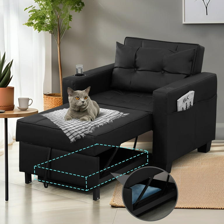Free Shipping DURASPACE Convertible Sleeper Sofa Bed with Storage USB Port Cup Holder Pillow Black Walmart Walmart