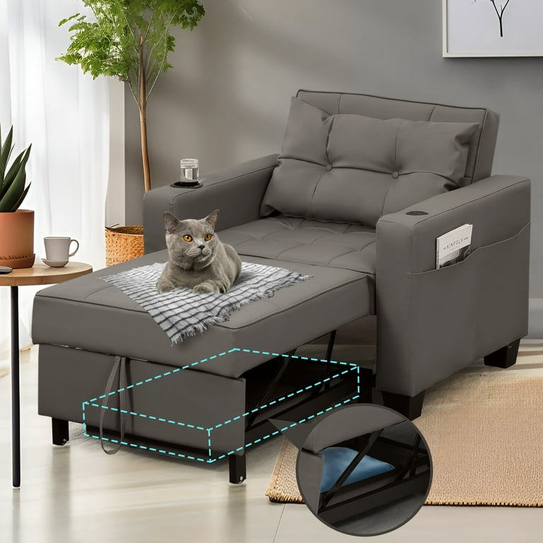 Pull Out Convertible Sleeper Sofa Bed Faux Leather with Storage USB Port Cup Holder Side Pocket Pillow Adjustable Backrest Gray