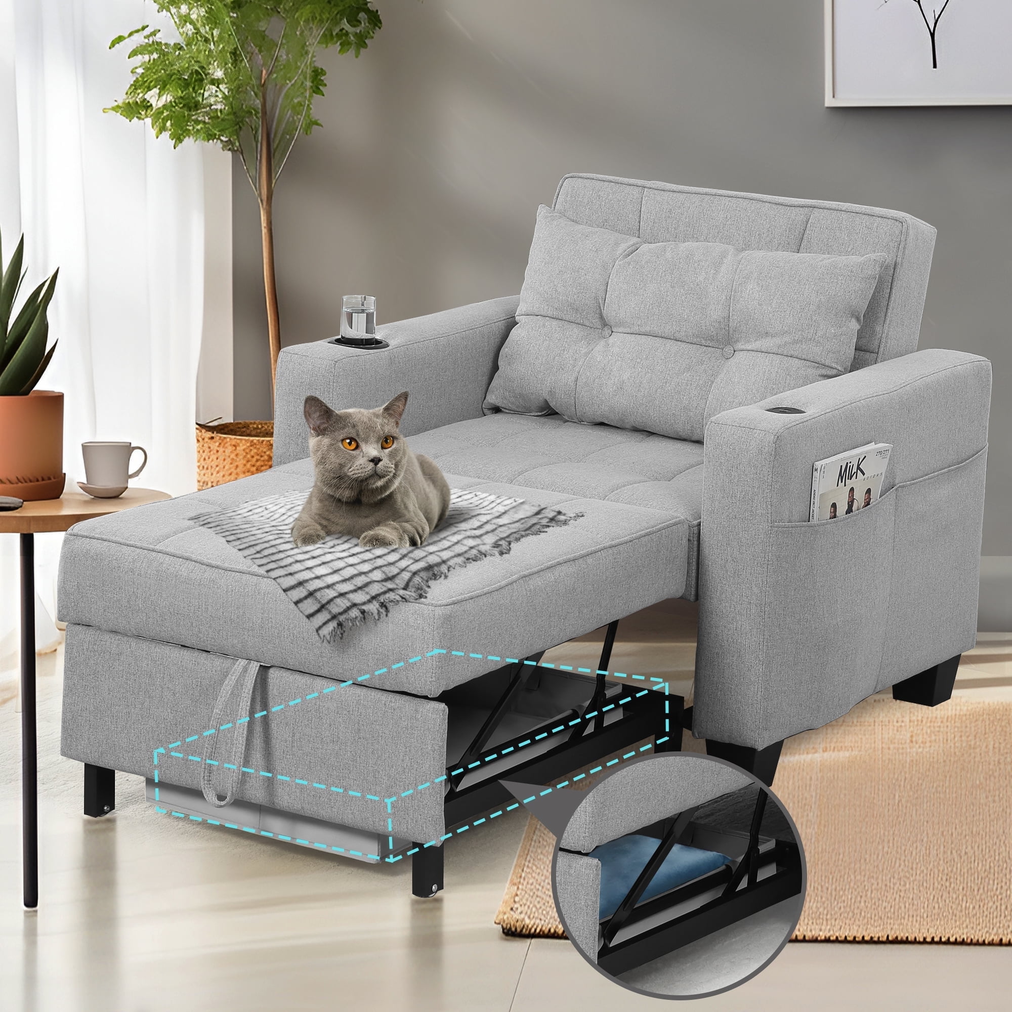 Duraspace Light Gray Pull Out Couch with Adjustable Backrest Storage USB Port Cup Holder and Side Pocket Walmart