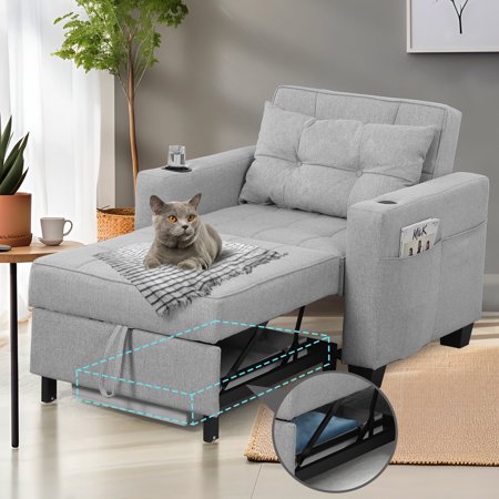 Pull Out Convertible Sleeper Sofa Bed Linen with Storage USB Port Cup Holder Side Pocket Pillow Adjustable Backrest, Light Gray