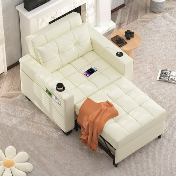 Pull Out Convertible Sleeper Sofa Bed Faux Leather with Storage USB Port Cup Holder Side Pocket Pillow Adjustable Backrest, White