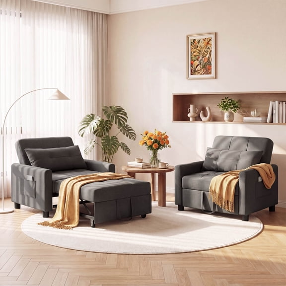 Convertible Sofa  Bed Armchair, Modern Sleeper Sofa chair with Adjustable Backrest, Futon Couch for Living Room, Dark Gray(Set of 2)