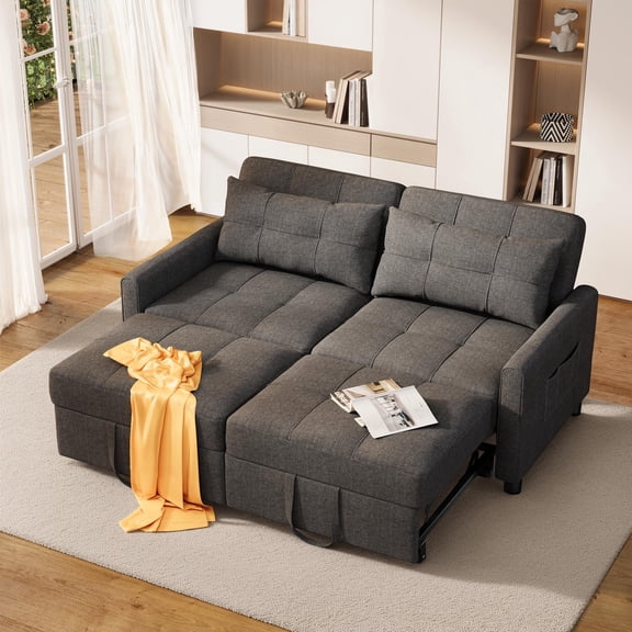 3-in-1 Convertible Futon Sofa Bed, Asofer Modern Sleeper Sofa with Separate Ottoman & Adjustable Backrest, Loveseat Couch for Living Room, Dark Gray