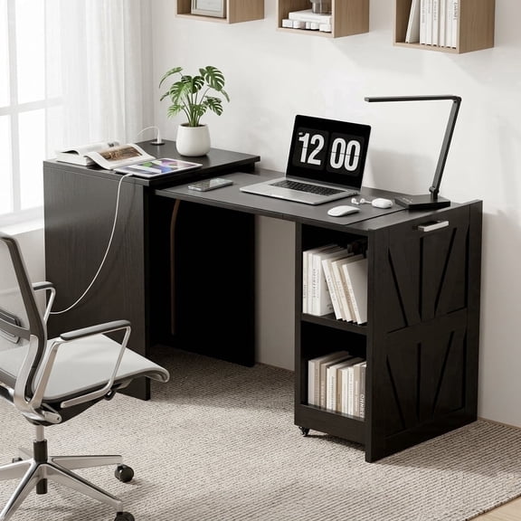 Pull-Out Desk with Charging Station & Storage Shelves, Space-Saving Folding Desk for Small Apartments, Versatile Home Office Deskļ¼Black