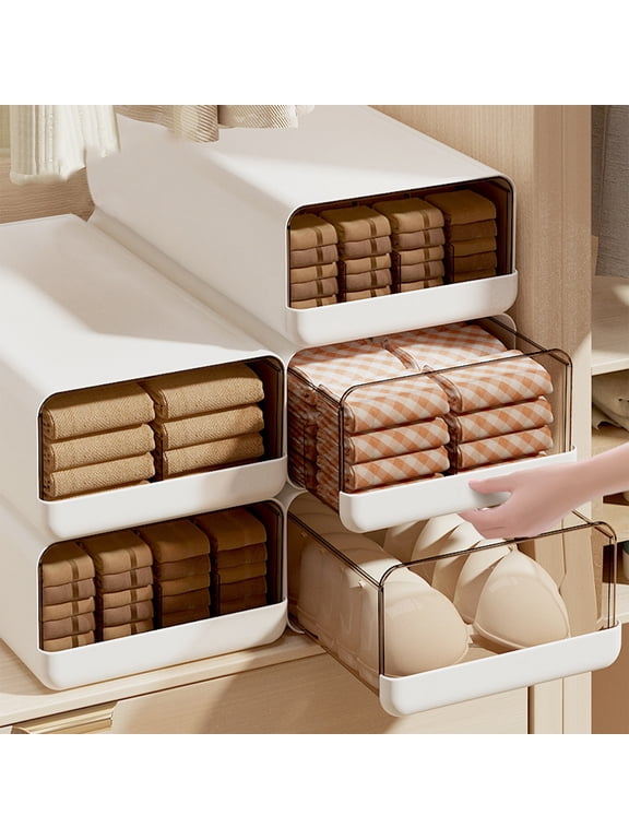 Pull-Out Drawer Storage Box Divided Closet Organizer for Underwear, Socks & Bras, Stackable Design