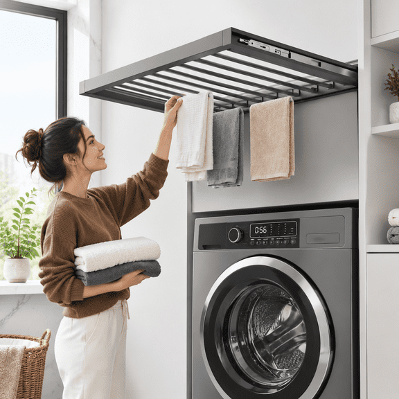 Pull Out Extendable Clothes Drying Rack, Gray, Adjustable Width 24-26in, Depth 19.29in