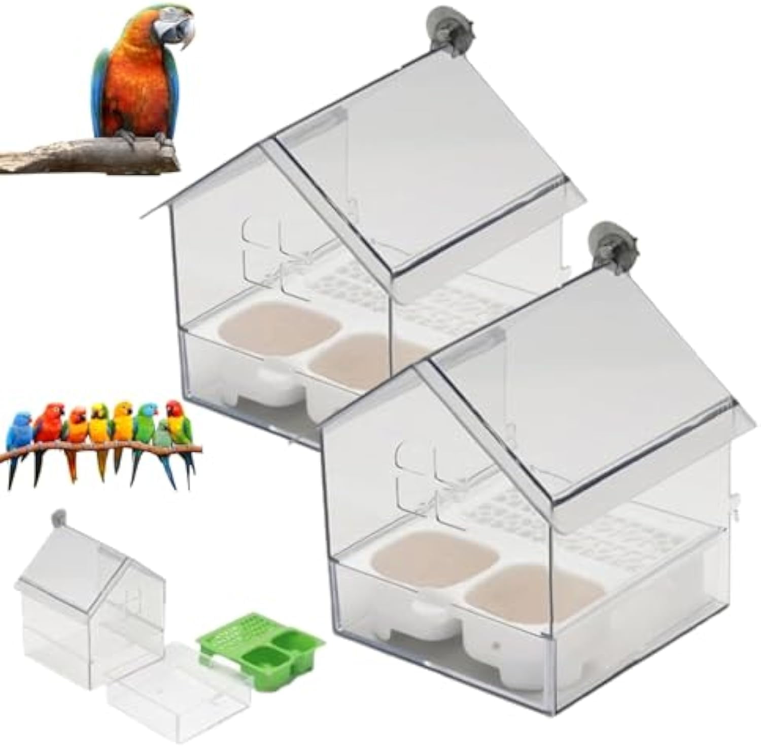 Pull-Out External Parrot Feeder, External Parrot Feeder, Bird Feeder House, Long-Lasting Outdoor Use, Decorative Transparent Bird Bath Tub Easy to Fill, Clean, for Finch and Hummingbird (2pcs-B)