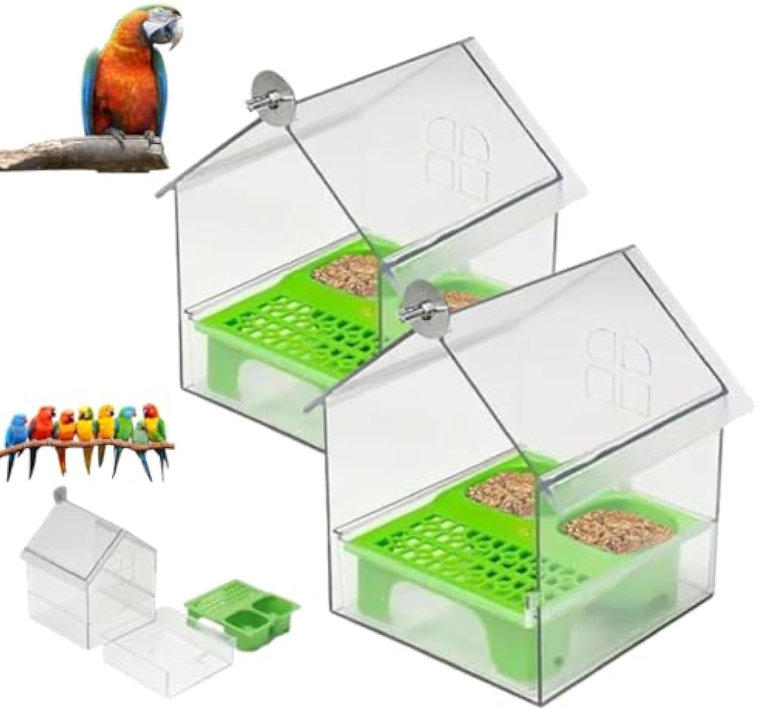 Pull-Out External Parrot Feeder, External Parrot Feeder, Bird Feeder House, Long-Lasting Outdoor Use, Decorative Transparent Bird Bath Tub Easy to Fill, Clean, for Finch and Hummingbird (2pcs-A)