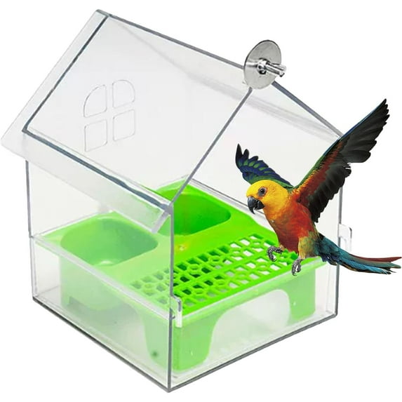 Pull-Out External Parrot Feeder, Hanging No Mess Bird Feeder for Cage with Two Food Slots, Roof-Top Bird Bath, Villa Style Transparent Water and Food Container, Large Capacity (Green)