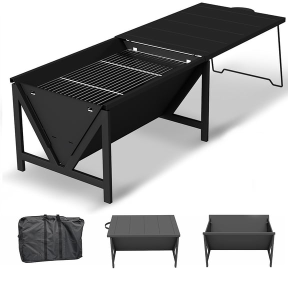 53.5“ Pull-Out Fire Pit Table, 3-in-1 Wood Burning Outdoor Fire Pit with Dining Table, Ice Pit, Grill Grate, Poker & Wire Brush for Patio, Backyard, Garden & Camping