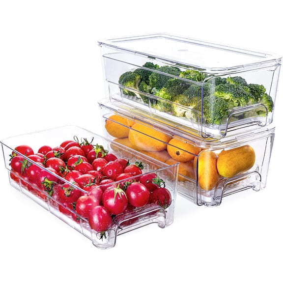 Pull-Out Fridge Organizer, Stackable Refrigerator Drawer Organizer Bins, Fridge Drawers Food Storage Containers for Fruits, Vegetables, Drinks, Snack (3 Pack Clear)