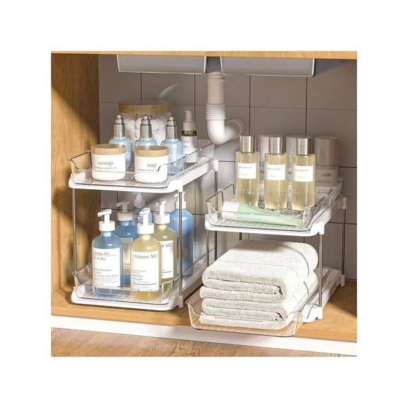 Pull-Out Home Organizers, 2 Tier Clear Bathroom Organizer With Dividers, Multipurpose Vanity Counter Tray, Kitchen, Closet Organizers And Storage Container Bins For Cabinet, Pantry