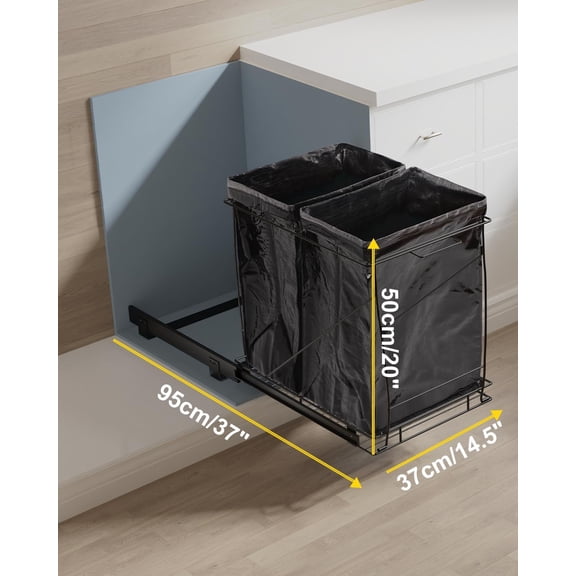 Pull-Out for Kitchen Cabinet, Double 13 Gallon Tilt Out Garbage Bins with Soft-Close Slides, Under Sink Stainless Steel Shelf, Easy Installation, Heavy Duty Bags Included (Black)