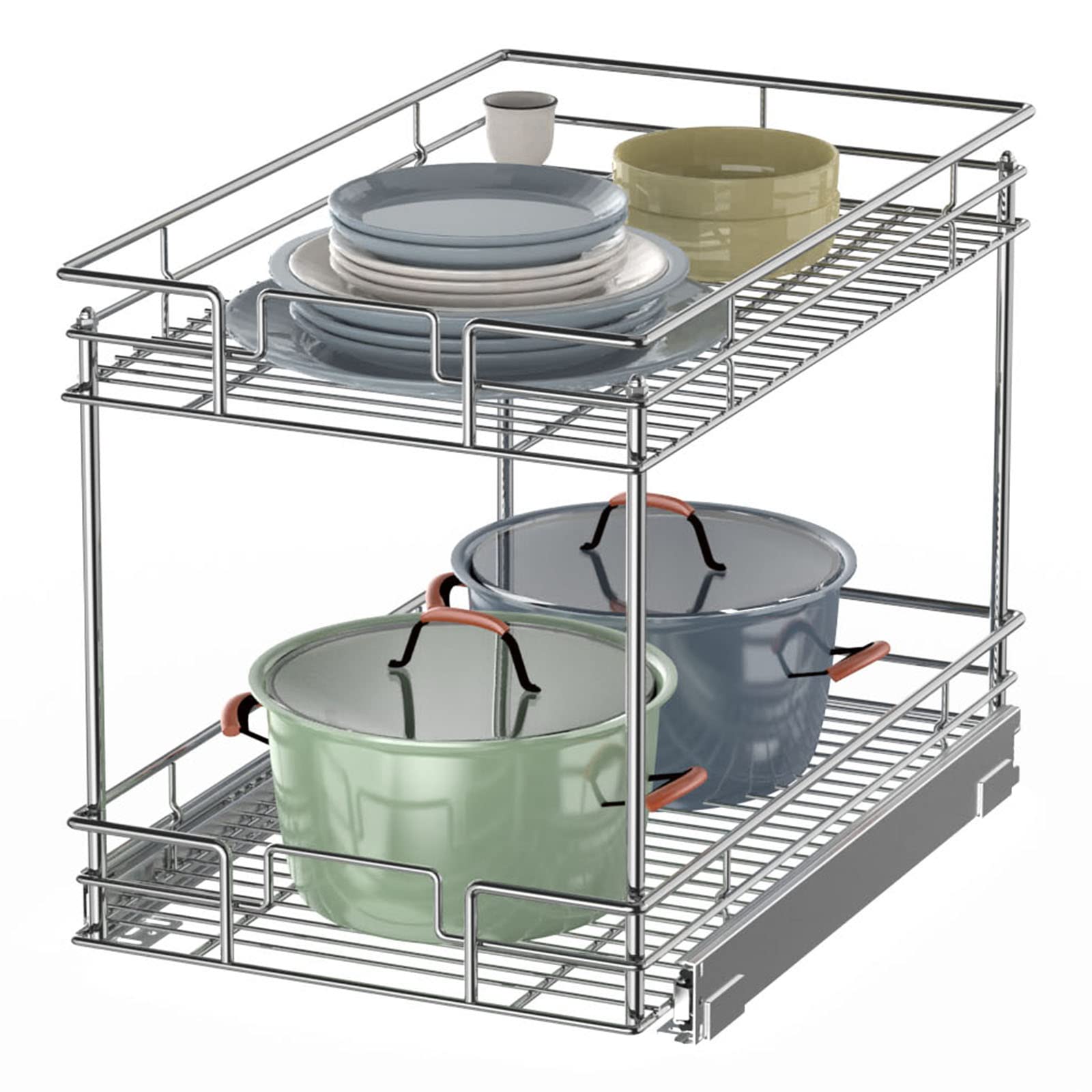 Pull Out Kitchen Cabinet Organizer, 2 Tier 11 x 21 Inch Chrome Drawer ...