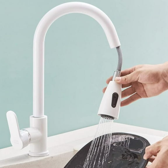 Pull Out Kitchen Faucet Brass 360° Rotation Hot and Cold Water Multi-Function Kitchen Mixer Faucet White-B